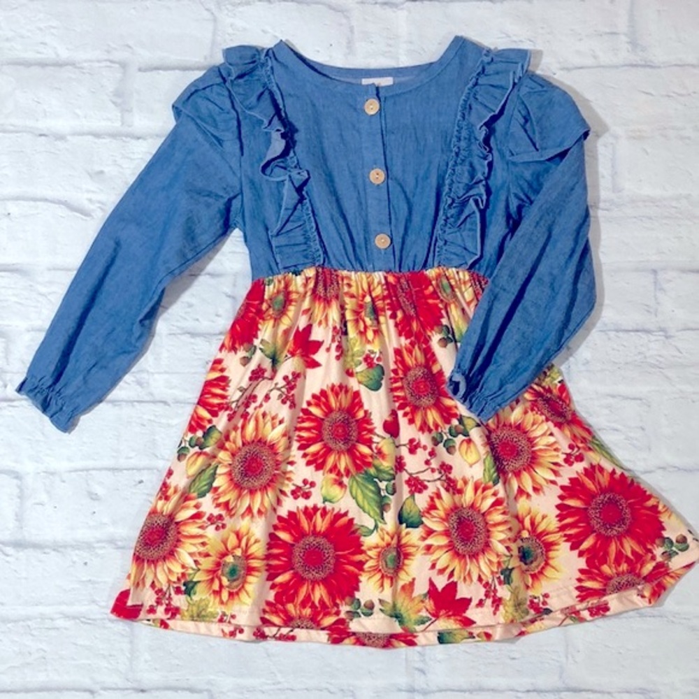 Boutique Fall Autumn Dress Girls Size Large Chambray Sunflowers Wood Button